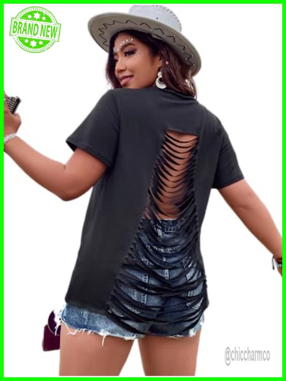 Plus Size Fringe T-Shirt Criss Cross Ripped Open Back Short Sleeve Tee
